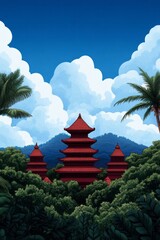Crimson pagodas rise amid verdant jungle, capturing Zen tranquility and Dragon Boat Festival's vibrant energy under cloud-kissed skies