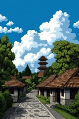 A serene Japanese village path, pagoda whispers skyward beneath towering cumulus, ideal for Tsukimi or Hanami celebrations