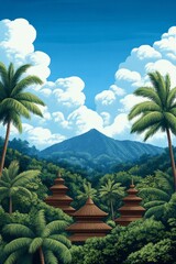 Lush tropical escape with temple spires nestling beneath azure sky, evoking Nyepi Day serenity and escapist wanderlust