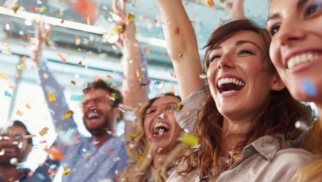 Diverse business team celebrating with confetti