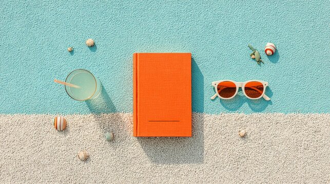 Vibrant summer leisure scene featuring an orange book, chic white sunglasses, and a sparkling glass, set against a sunny blue poolside with sandy accents.