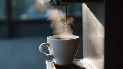 Steaming espresso waterfall fills a white cup, embracing Hygge's warmth and International Coffee Days aromatic celebration