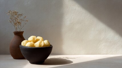 Silent sunlight caresses rustic bowls with puffed snacks, evoking Hygge cosiness and the quiet elegance of World Baking Day