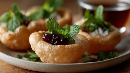 Golden crispy puri cradles vibrant chutney and mint, evoking Diwali delights and celebratory Indian street food tantalization