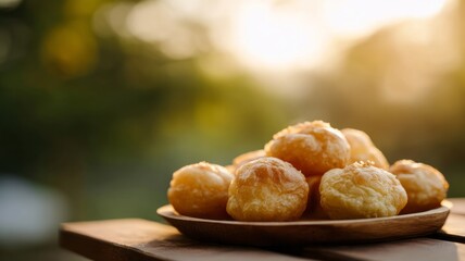 Golden-fried puffs glisten under rustic sunset, ideal for indulgent Banh Ran celebrations or cozy autumnal lantern festivals