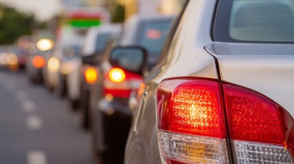Red brake lights glow in the urban twilight, capturing rush hour's ritual, reminiscent of Automobility Day or Car-Free Sundays