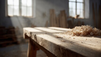 Sunlight dances on rustic workbench, celebrating artisan woodcraft, echoing World Wood Day, imbued with earthy sap whispers