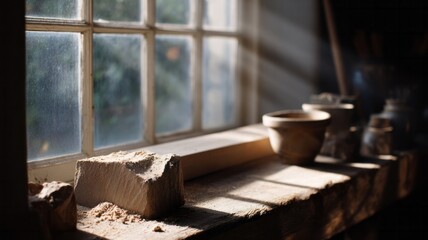 Sunlit dust dances over a forgotten windowsill clutter, whispering tales of Solstice crafts and rustic autumnal reverie