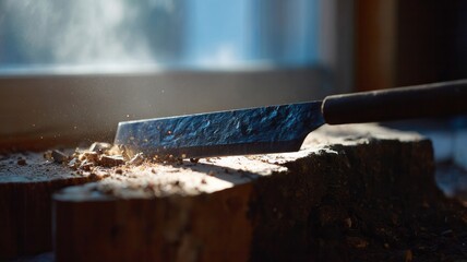 Chiseled sunlight catches sawdust on ancient wood, evoking craftsman's dance, resonating with World Wood Day, creative timelessness