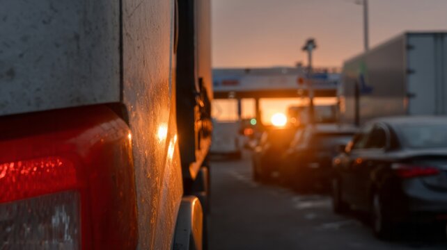 Fiery sunset illumines silent highway convoy, dawn of turbulent journeys, International Truckers Day, Highwayman folklore whispers