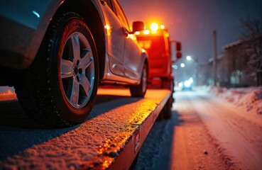 Car loaded onto tow truck on snowy road at night. Emergency vehicle offers roadside assistance during winter conditions. Towing car for repair or transport.
