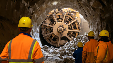 Tunnel boring machine at work, a marvel of engineering, seen by construction workers. The large machinery tunnels through rock, while workers look on in admiration.