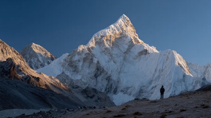 Solitary silhouette contemplates towering Himalayan majesty, invoking Sagarmatha Day's introspection and Sherpa heritage amidst icy dawn tranquility