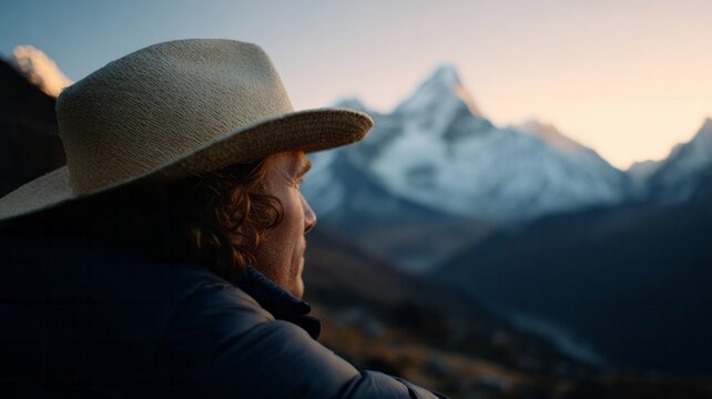 A contemplative Caucasian man in a sunhat gazes at dawn-lit peaks, evoking World Mountain Day serenity - Powered by Adobe