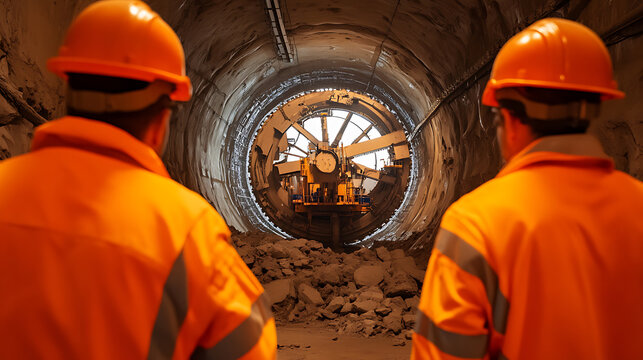 Tunnel engineers oversee excavation with a tunnel boring machine. Safety gear is essential in underground construction. Innovation in civil engineering.