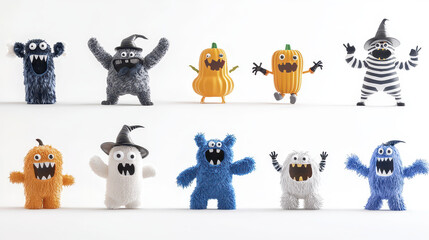 Cute Halloween characters include colorful monsters, pumpkins, and whimsical designs, perfect for festive celebrations
