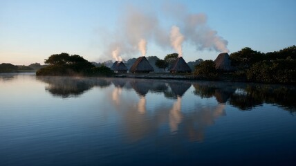 Serene smoke billows from rustic lakeside huts, evoking mystical Yule tide rituals amid tranquil dawn reflections