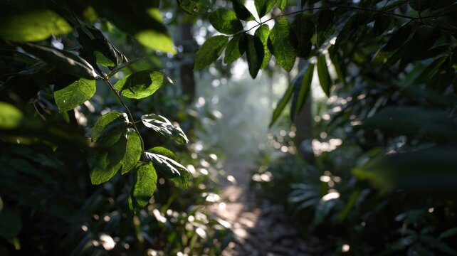 Sun-dappled forest path awaits, inviting verdant tranquility, eco-spiritual retreat, solstice celebration, clandestine midnight wanderlust