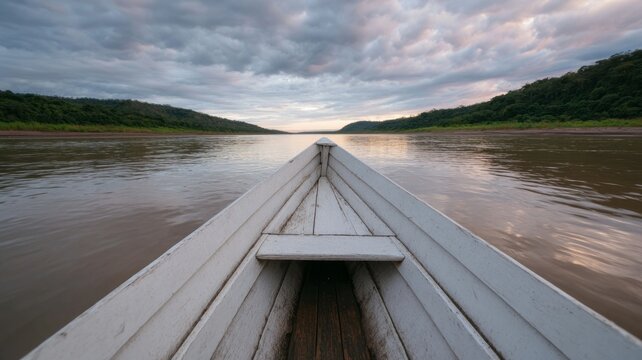 Calm dawn voyage on tranquil river, wooden boat prow leading into dreamy horizon, perfect for Earth Day reflections