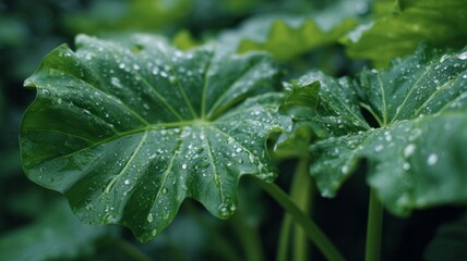 Glittering raindrops on tropical elephant ears, evoking Earth Day renewal and mystical monsoon serenades in lush cinema