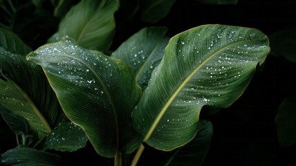 Rain-kissed banana leaves glisten in moonlit tranquility, invoking serene eco-sanctuary vibes, ideal for Earth Day reflections