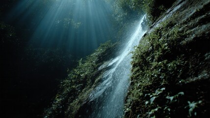 Misty jungle waterfall whispers secrets of nature, evoking gentle tranquility akin to Earth Day reflections or tranquil forest bathing