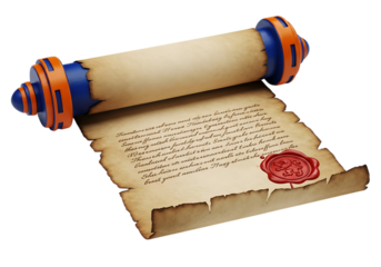 Ancient scroll with red wax seal and blue and orange accents isolated on transparent background