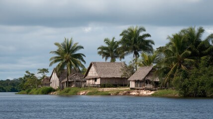 Tranquil riverbanks cradle rustic Amazonian huts beneath towering palms, evoking Rainforest Day serenity and peaceful remote retreats