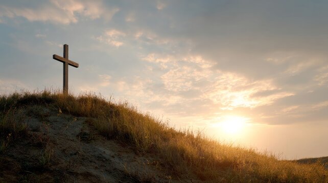 Sunrise illuminates a lone wooden cross atop a hill, evoking Easter dawn vigils and spiritual renewal in serene solitude