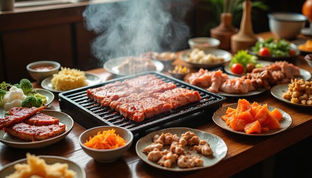 Korean BBQ grill on wooden table with cooked pork meat, veggies, sauce. Smoke rises during grilling. Traditional Korean cuisine buffet style meal, party for family or friends. - Powered by Adobe