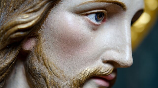 Sculpted visage of solemn wisdom, divine artistry in Renaissance religious iconography, embodying Easter contemplation and Dia de la Candelaria