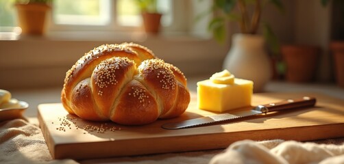 Freshly baked challah bread with sesame seeds on wooden board. Knife, butter ready for serving tasty homemade loaf. Traditional braided pastry sits in sunlit kitchen, perfect for delicious weekend