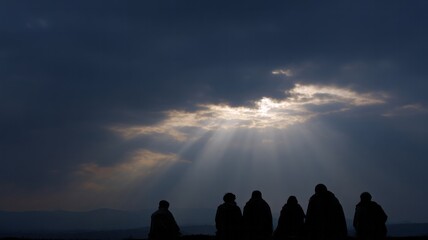 Shadowy silhouettes gather under ethereal sunbeams, evoking Samhain mysteries and solstice whispers, celestial moments wrapped in twilight stillness