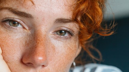 A thoughtful glance of a freckled red-haired Caucasian woman, embracing Celtic myth, introspection, and Midsummer celebrations