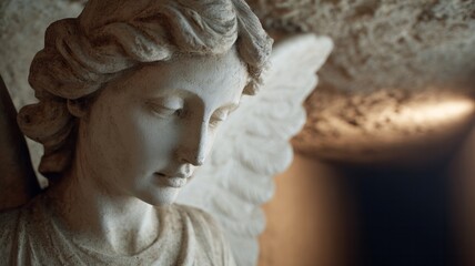 Serene marble angel exuding timeless grace, whispers of All Souls' Day, spiritual tranquility in a dimly-lit crypt