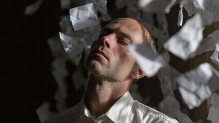 A contemplative Caucasian man dreams amid a flurry of floating paper, invoking Poetry Day inspiration and serendipitous musings