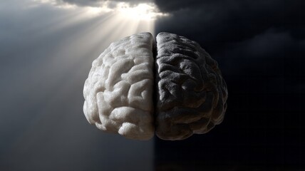 Floating cerebral landscape, enigmatic half-light brain sculpture, World Mental Health Day, cognitive shadows, intriguing neuro-illumination backdrop