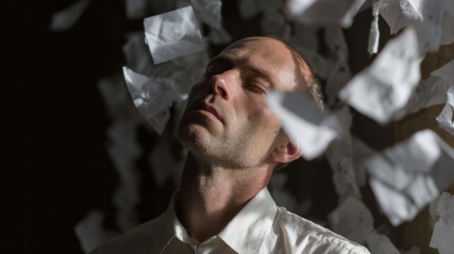 A contemplative Caucasian man dreams amid a flurry of floating paper, invoking Poetry Day inspiration and serendipitous musings
