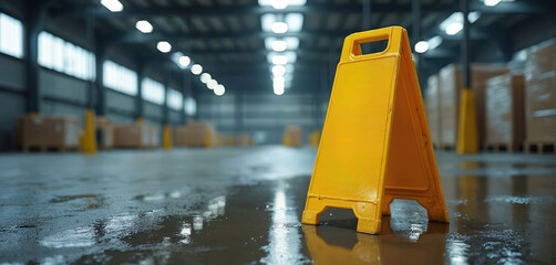 Yellow wet floor sign stands near water puddles on dirty industrial warehouse floor. Warns about slippery surface, hazard, risk, workplace safety needs for employees. Prevent slips, falls, injuries