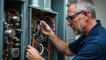 Focused repairman works on furnace indoors. Technician uses tool, repairs heating system wires. Home service worker in glasses fixes equipment. Pro maintenance, provides safety, efficient energy.