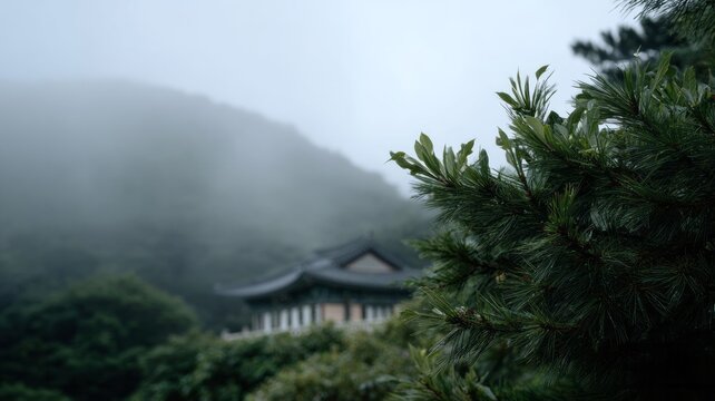 Misty Korean forest temple morning, serene whispers of nature's breath, Chuseok reflections, cultural tranquility amidst verdant zen