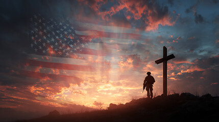 Patriotic Remembrance Soldier, Cross, and American Flag at Sunset