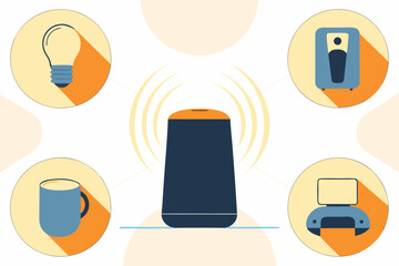 Asystent głosowy sterujący inteligentnym domem. Koncepcja Internetu Rzeczy (IoT), automatyzacja i zdalne zarządzanie urządzeniami.