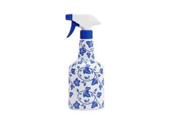 Decorative blue and white floral patterned spray bottle with trigger sprayer isolated on transparent background