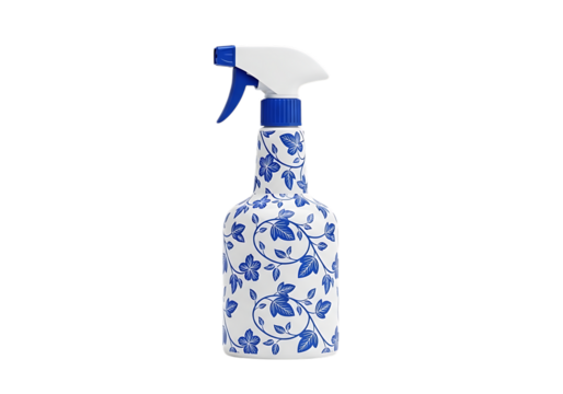 Decorative blue and white floral patterned spray bottle with trigger sprayer isolated on transparent background