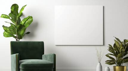 Blank canvas hangs on wall beside green velvet chair and decorative plants, creating serene atmosphere