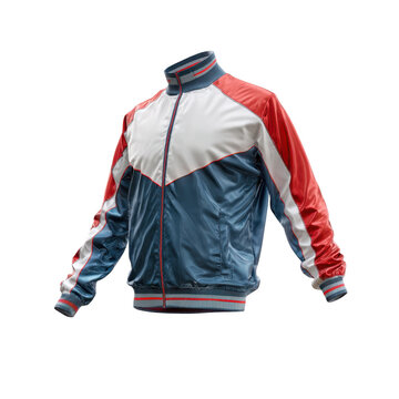 A vintage-style track jacket featuring a color-blocked design in blue, white, and red. The jacket has a stand collar, zippered front, and ribbed
