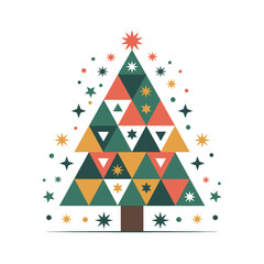 A festive geometric Christmas tree adorned with stars and colorful shapes.