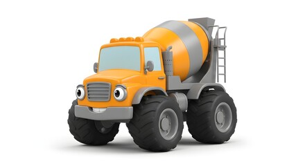 Naklejka premium Friendly 3D cartoon yellow cement mixer monster truck with big wheels, isolated on white, a playful construction vehicle character.