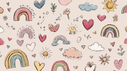 Naklejka premium Colorful Hand-drawn Rainbows Hearts Clouds Sunshine Flowers in Soft Pastel Colors